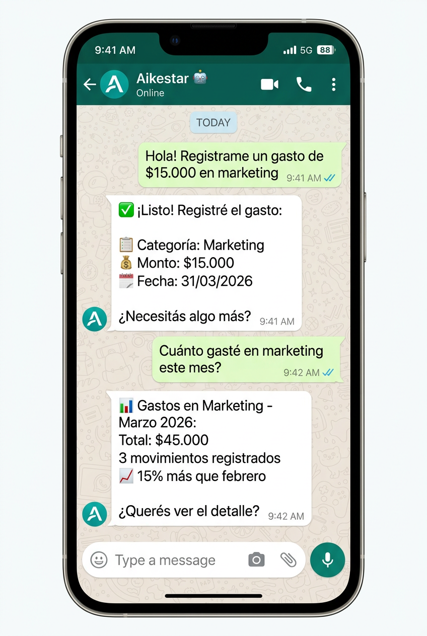 Chat de WhatsApp con Aikestar registrando un gasto